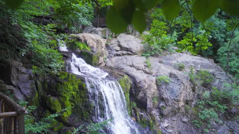 Wasserfall,-Der-über-Einen-Felsvorsprung-Stürzt,-üppige-Waldwasserfälle.